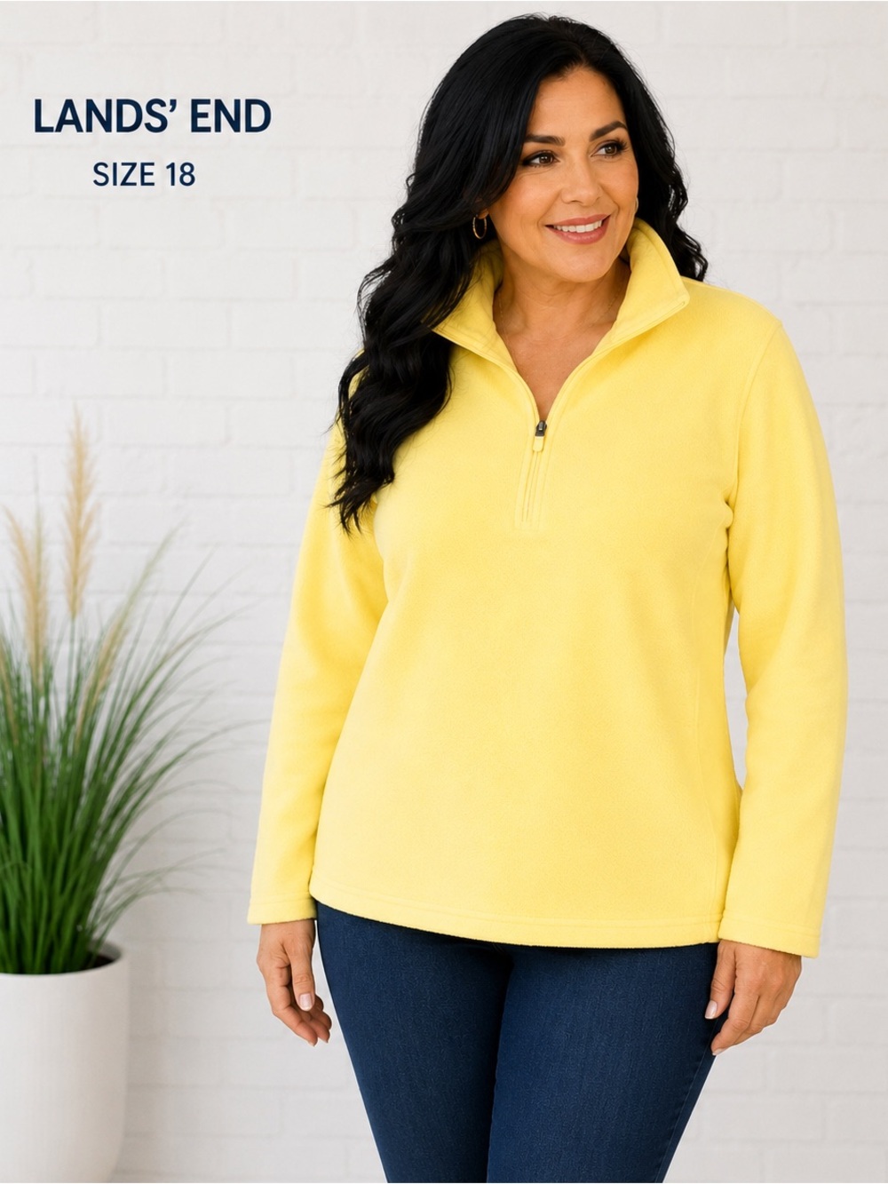 Lands’ End Women’s Yellow Quarter Zip Fleece Pullover Jacket Size 18